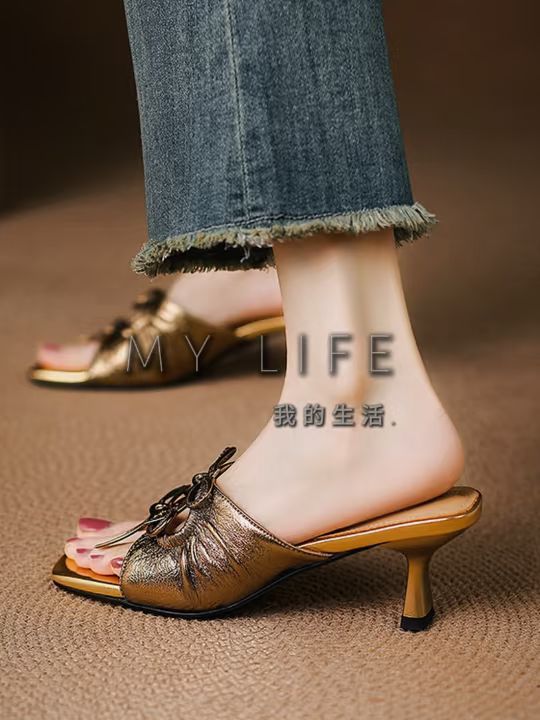 中跟 无帮 皮革 
