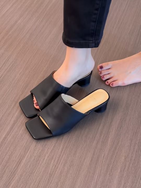 中跟 粗跟 无帮 皮革 