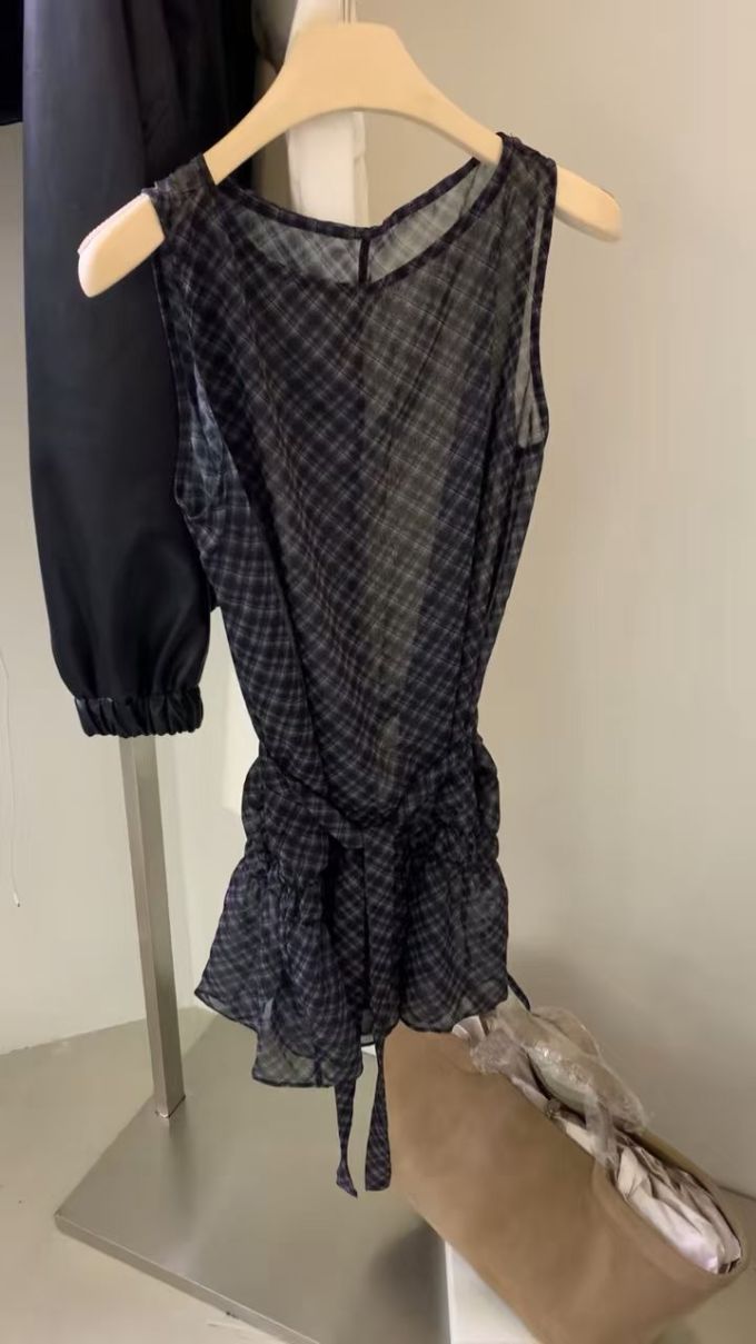 棉麻 H型 无袖 满印&循环 格纹/菱格 荷叶边 黑豆色 
