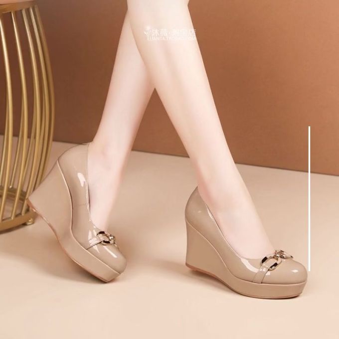 坡跟 圆头 低帮 一脚蹬 中口鞋 皮革 