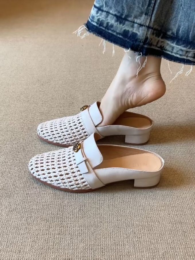 低跟 粗跟 无帮 皮革 