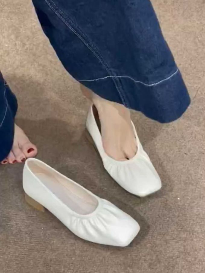 平底 方头 一脚蹬 中口鞋 皮革 