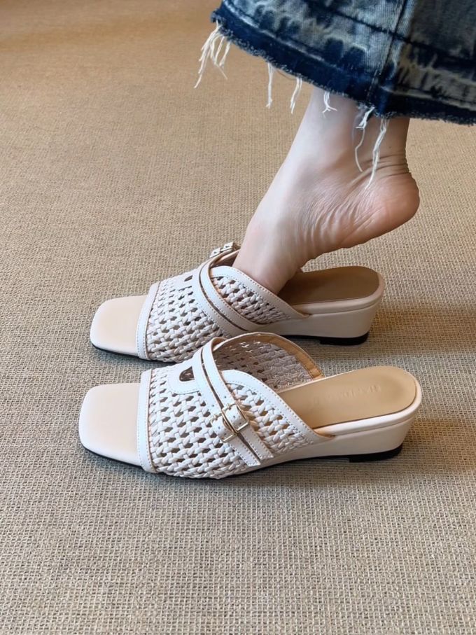粗跟 无帮 皮革 