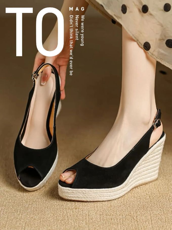 坡跟 无帮 袢扣 皮革 