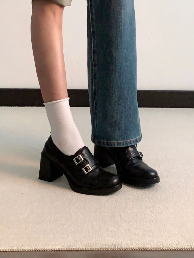 中跟 粗跟 陨石色 棕灰色 圆头 低帮 袢扣 深口鞋 皮革