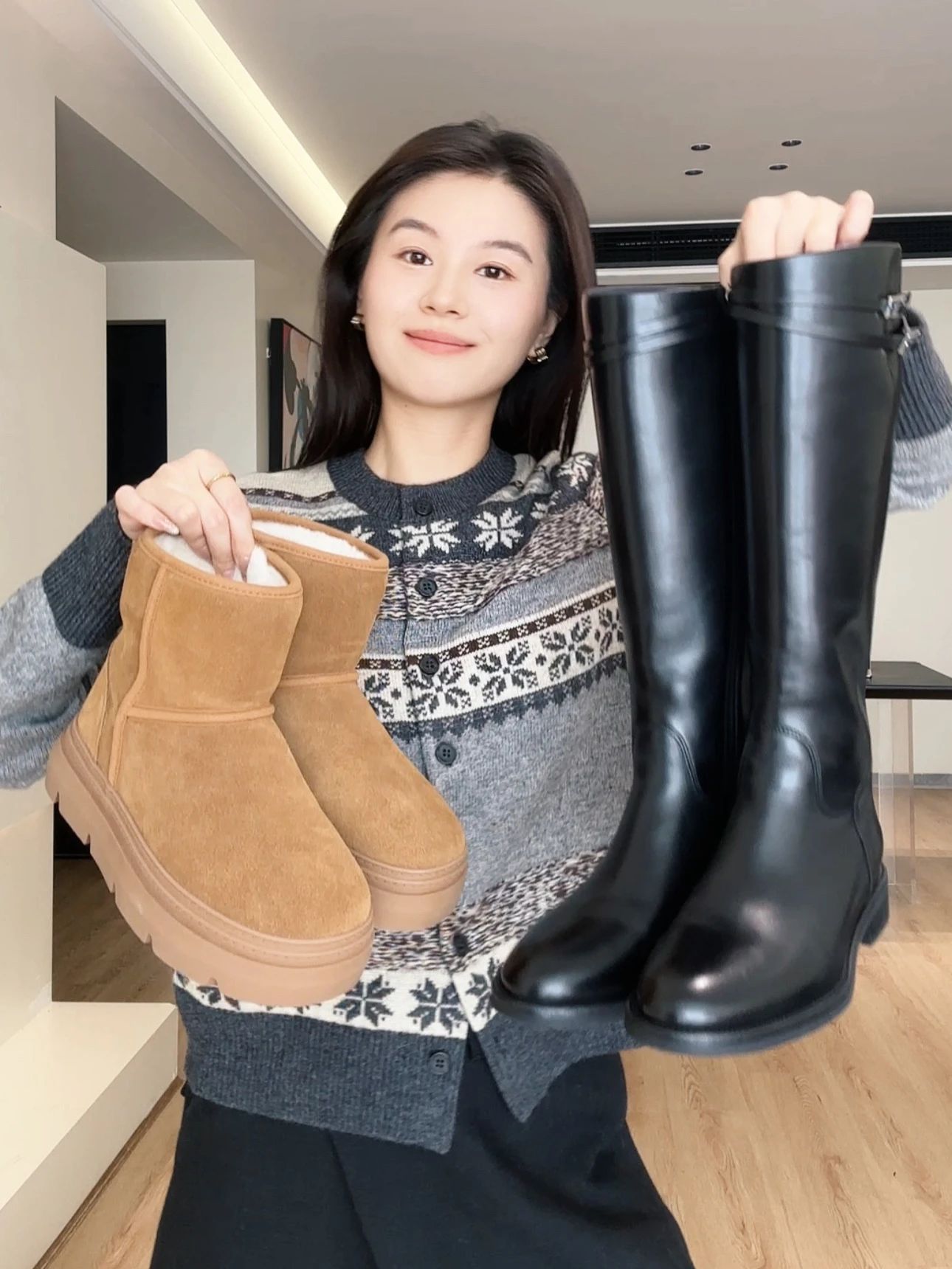 毛纺 H型 圆形领 中长袖 基础袖 局部印染 拼接 泥土色 无底洞 牛肝菌  - VALI鞋履AI设计主图