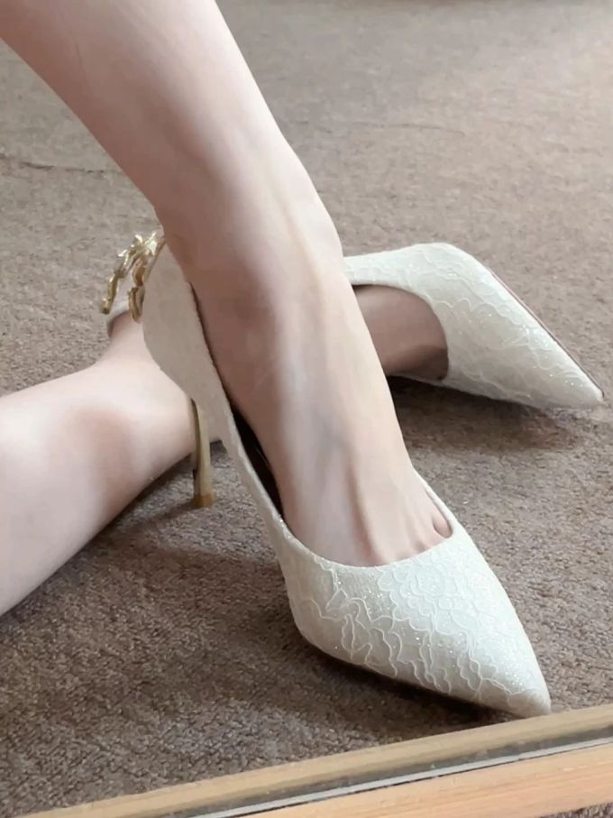 高跟 细跟 尖头 低帮 一脚蹬 浅口鞋 蕾丝 
