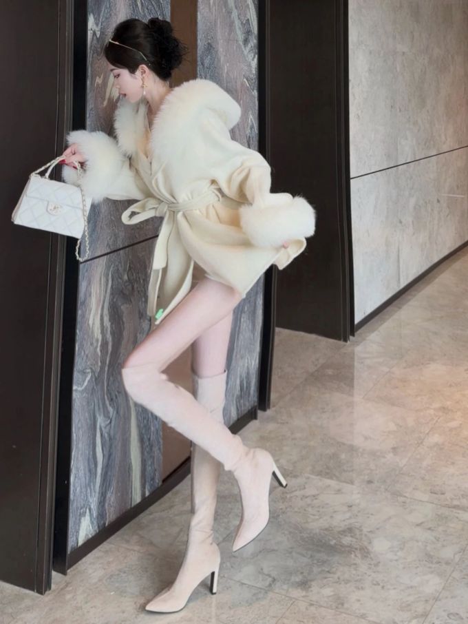 呢绒 翻领 中长袖 古典袖 打结-扭结 露灰色 银白 月光灰 本布腰带 