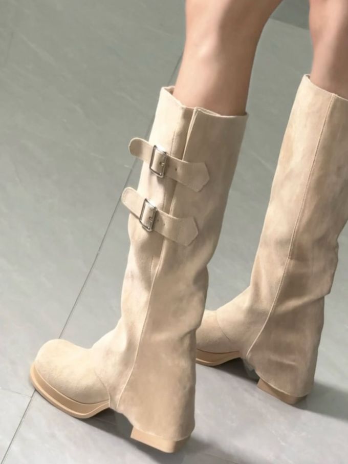 粗跟 珠光色 玉米杆色 淡褐色 拉链 皮革