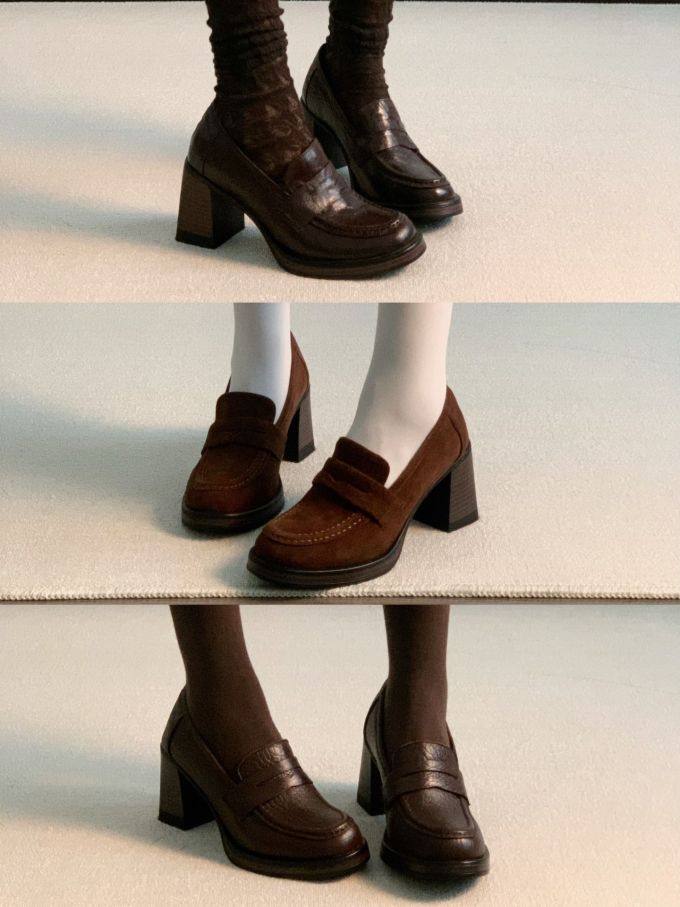 中跟 粗跟 圆头 皮革 