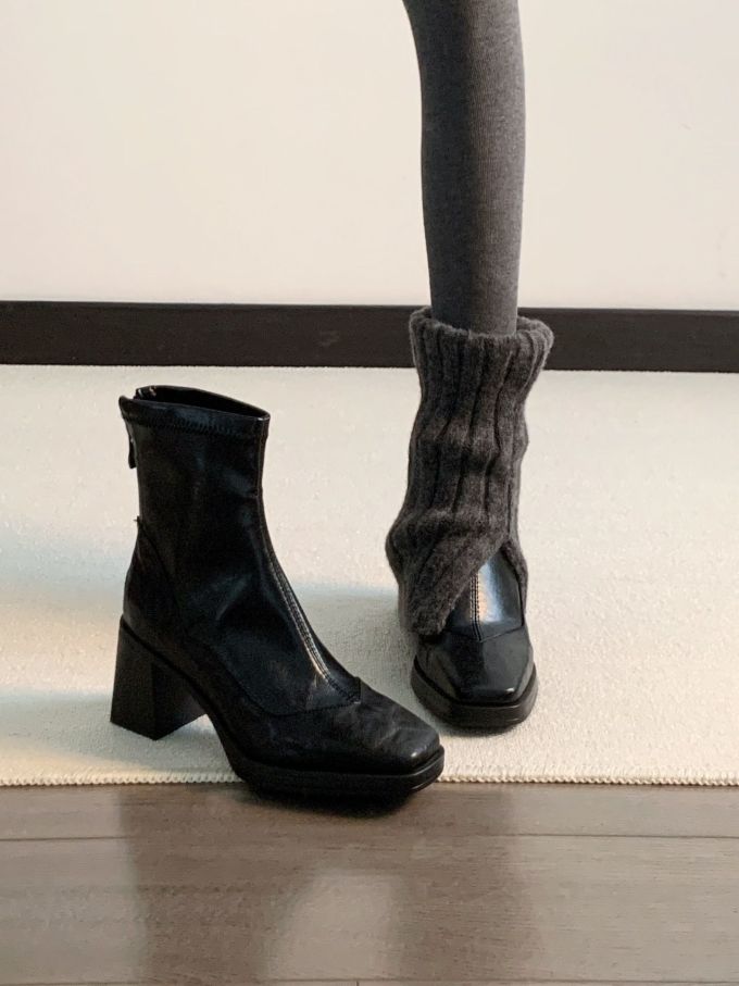 中跟 粗跟 方头 皮革 