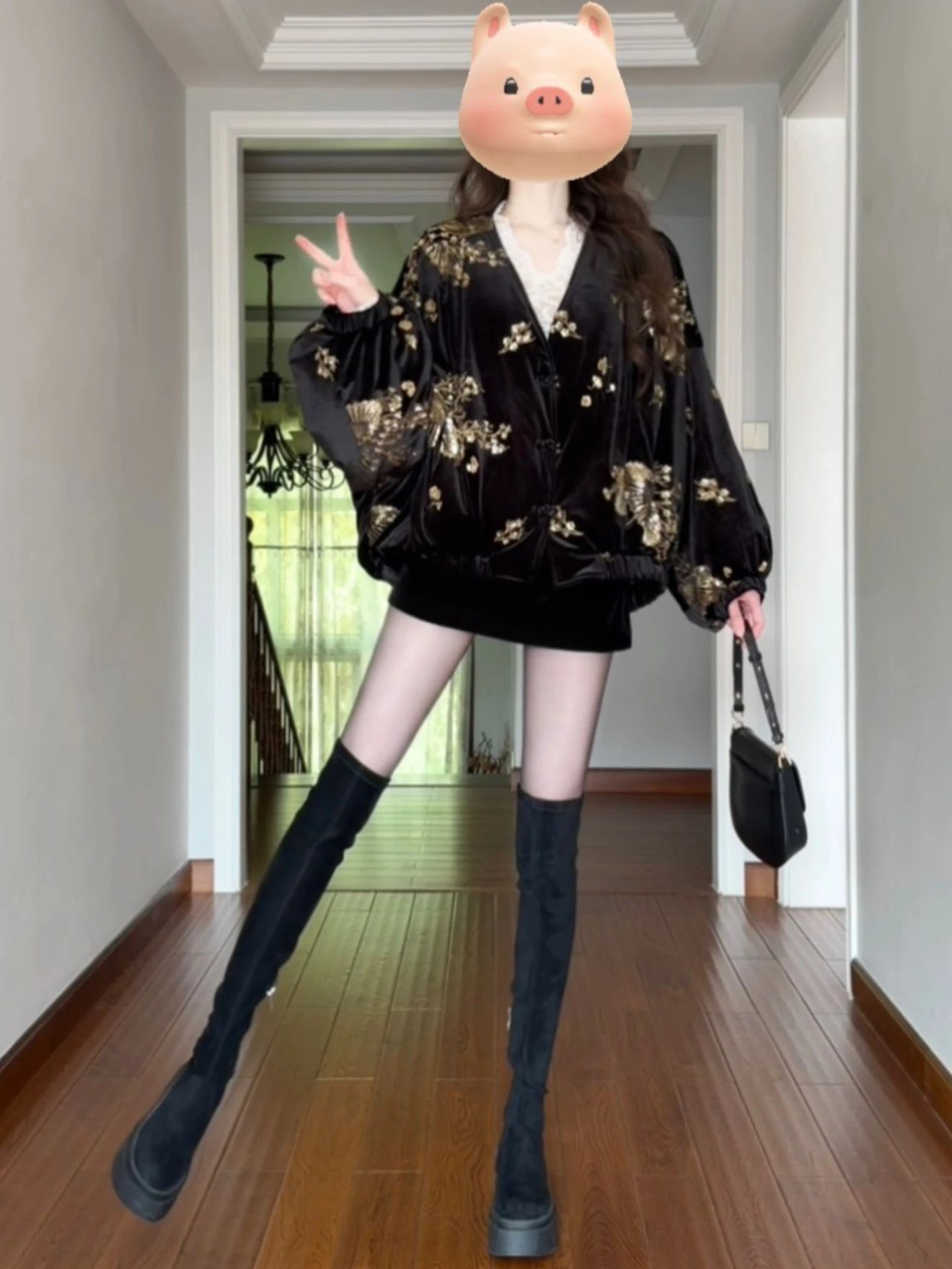 丝绒 O型 V领 超长袖 满印&循环 钉珠-亮片 黑豆色 咖啡褐色 水壶色  - VALI鞋履AI设计主图