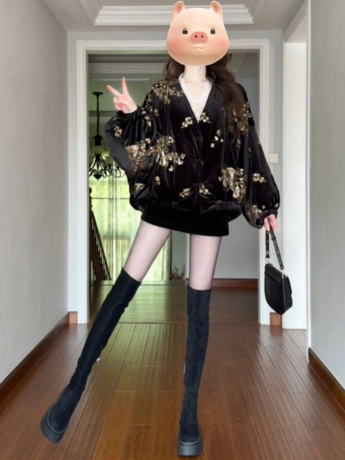 丝绒 O型 V领 超长袖 满印&循环 钉珠-亮片 黑豆色 咖啡褐色 水壶色 