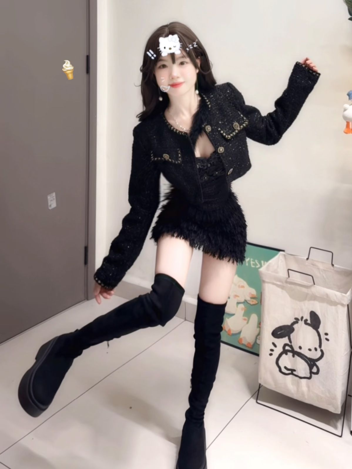 粗花呢 H型 立领 超长袖 基础袖 毛边 边缘装饰  - VALI鞋履AI设计主图