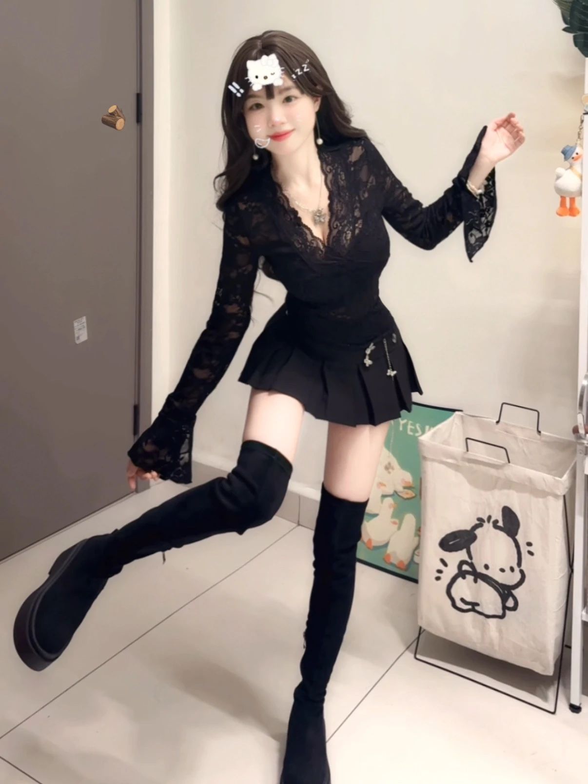 蕾丝面料 X型 V领 超长袖 喇叭袖 荷叶边 男中音蓝 黑咖啡色  - VALI鞋履AI设计主图