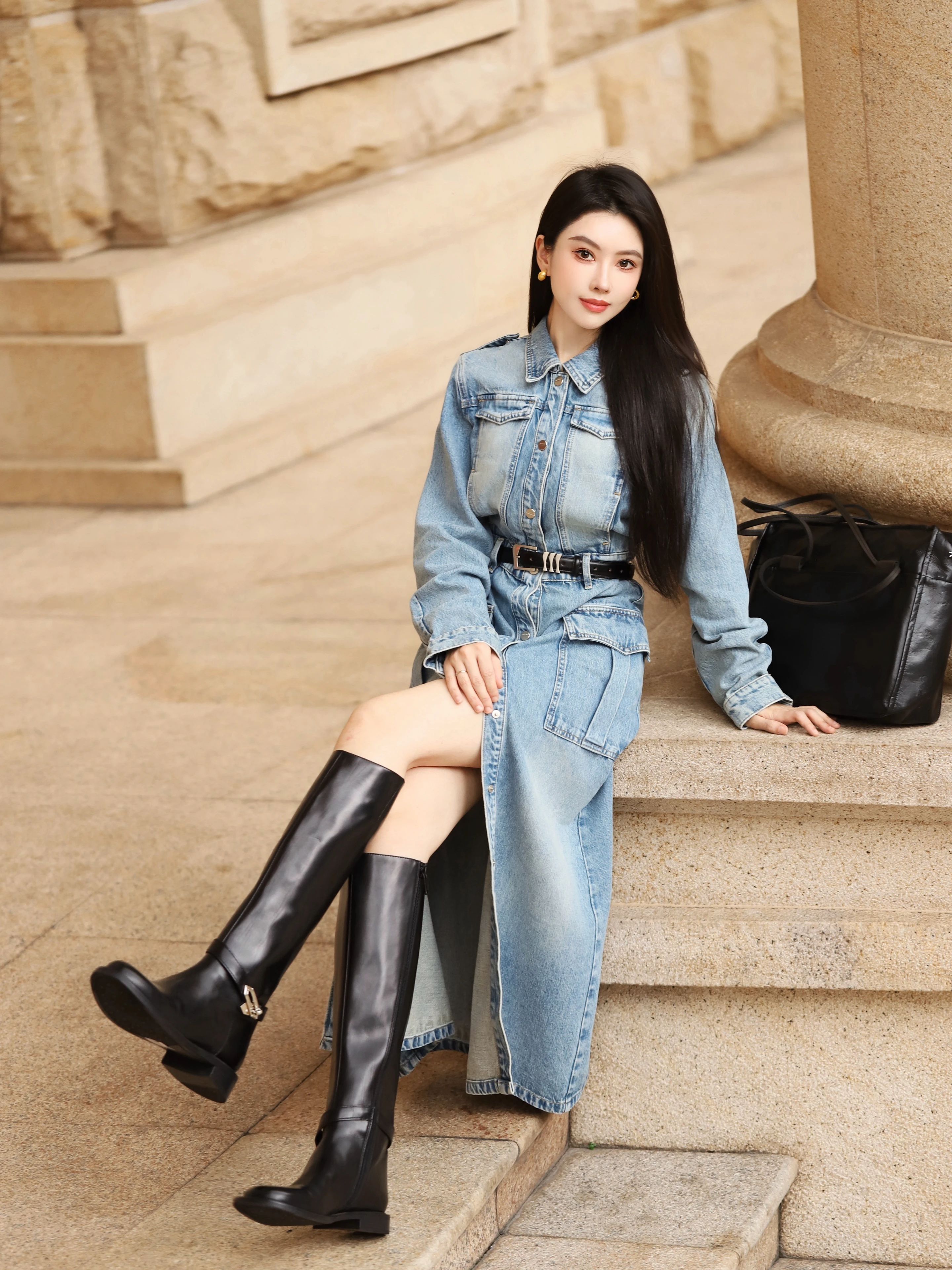 牛仔面料 X型 衬衫领 中长袖 基础袖 洗水 婴儿蓝 梦幻蓝 铅色 基础扣饰  - VALI鞋履AI设计主图