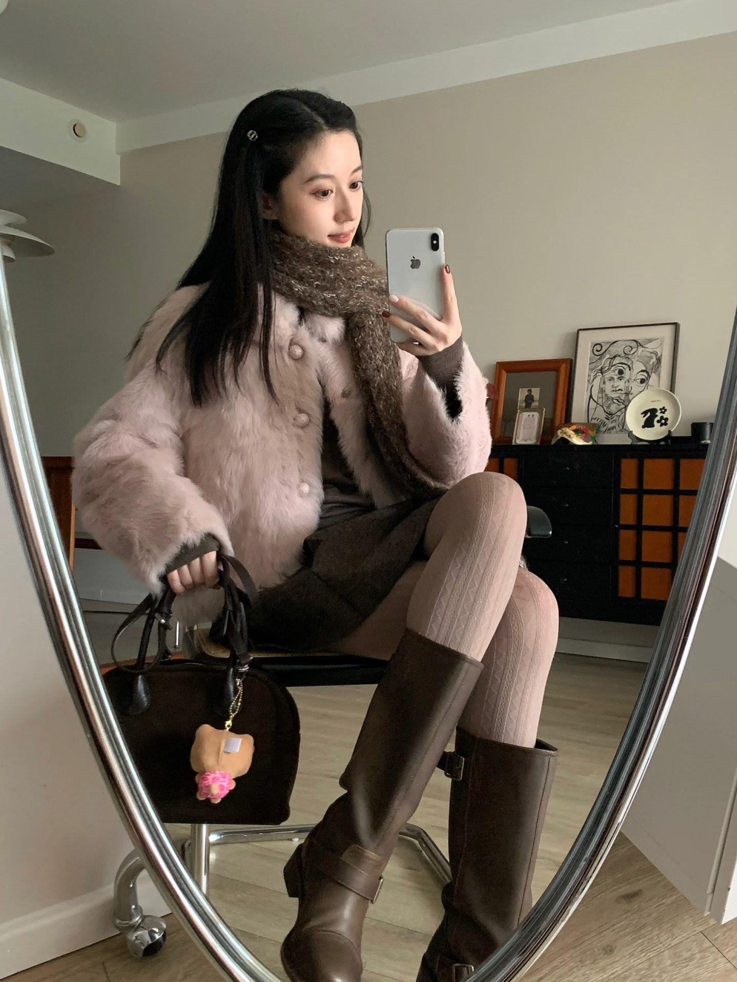 皮草面料 O型 翻领 中长袖 裘毛袖 深洞 棕扁豆 咖啡褐色 基础扣饰  - VALI鞋履AI设计主图