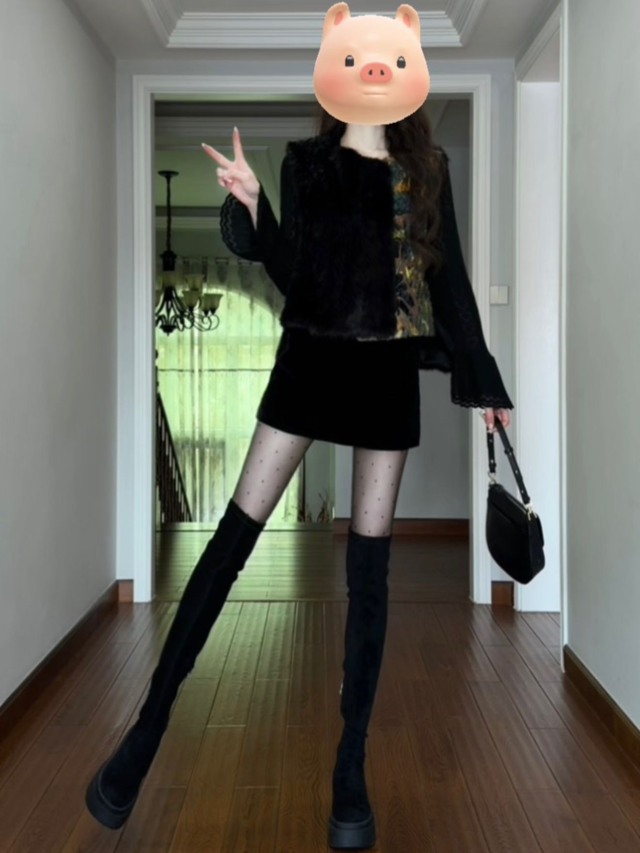 皮草面料 圆形领 中长袖 喇叭袖 满印&循环 拼接 燕尾服 灰黑绿  - VALI鞋履AI设计主图