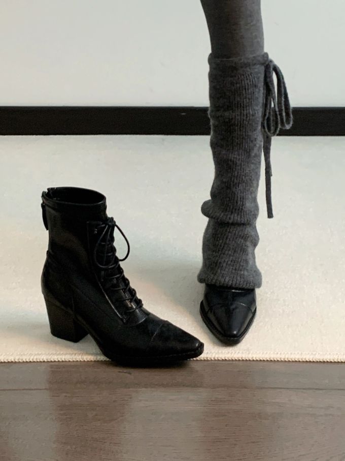 中跟 粗跟 燕尾服 棕灰色 尖头 系带 皮革 