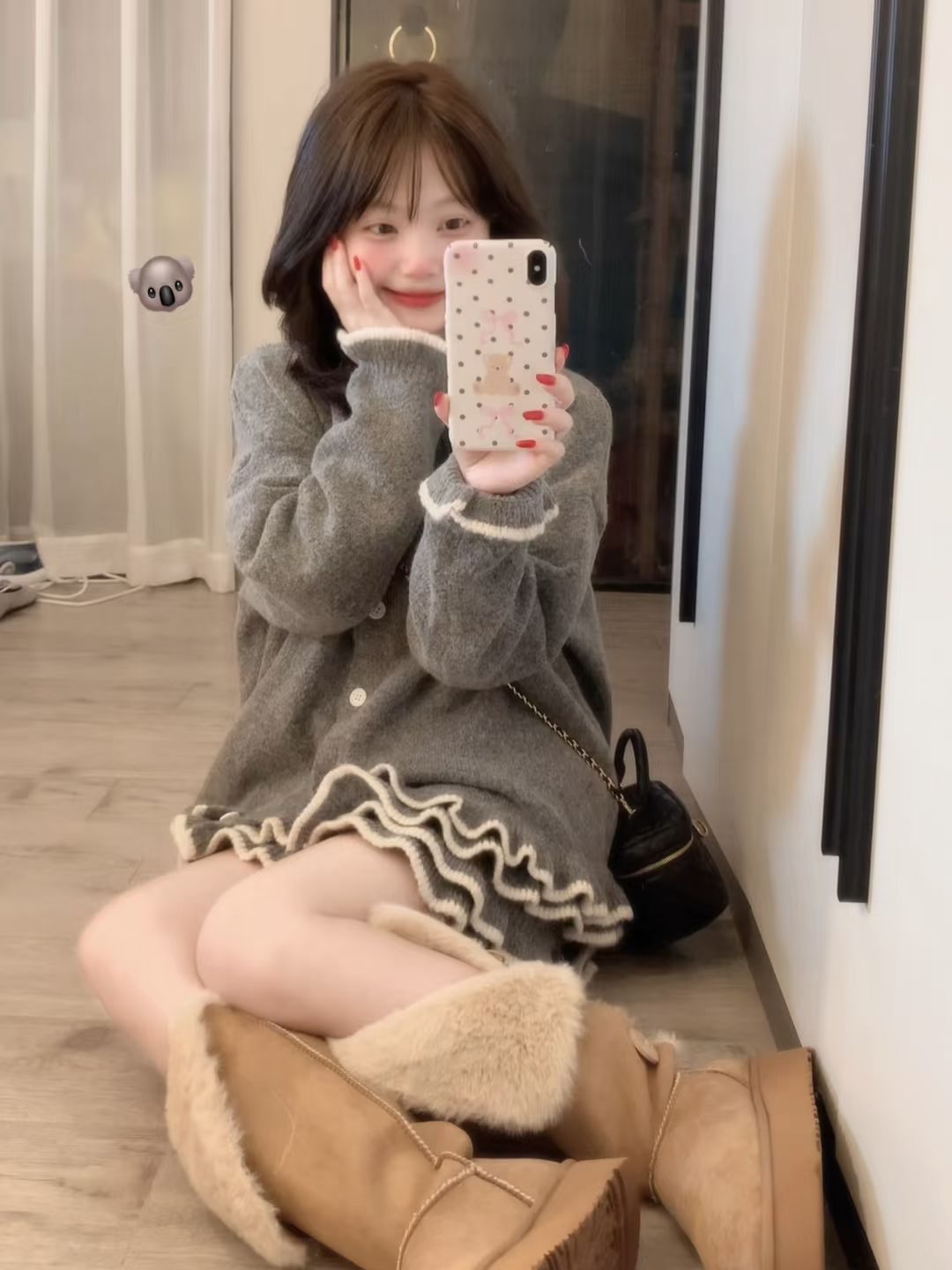 毛纺 圆形领 中长袖 基础袖 细针 核桃色 咖啡褐色 巧克力豆色 甜妹风 甜美  - VALI鞋履AI设计主图