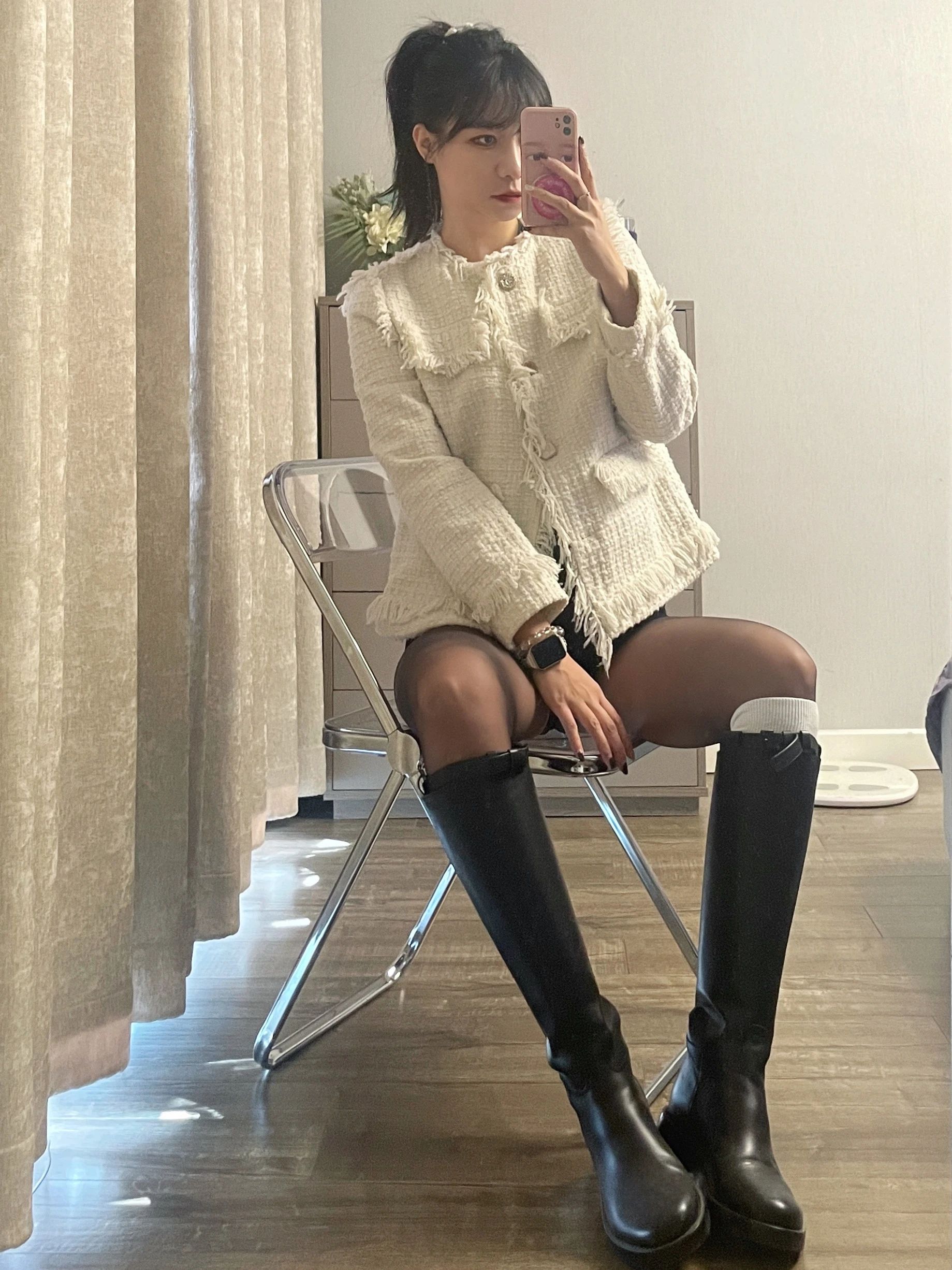 粗花呢 H型 圆形领 中长袖 基础袖 荷叶边 毛边 石灰华色 胡荽色 浅卡其色  - VALI鞋履AI设计主图