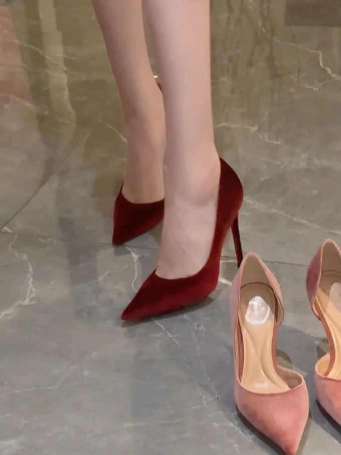 高跟 细跟 大丽花红 熔岩瀑布 粉玫瑰红 尖头 低帮 一脚蹬 浅口鞋 皮革 