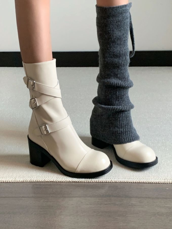 中跟 粗跟 铅灰色 葵白色 岩石灰 圆头 袢扣 皮革 