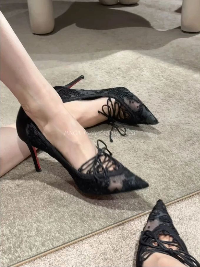 高跟 细跟 燕尾服 棕灰色 悬崖灰 尖头 低帮 一脚蹬 蕾丝 