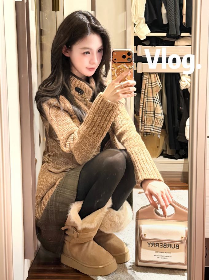 毛纺 圆形领 中长袖 基础袖 粗针 针织螺纹 陨石色 咖啡褐色 沙漠棕榈色 