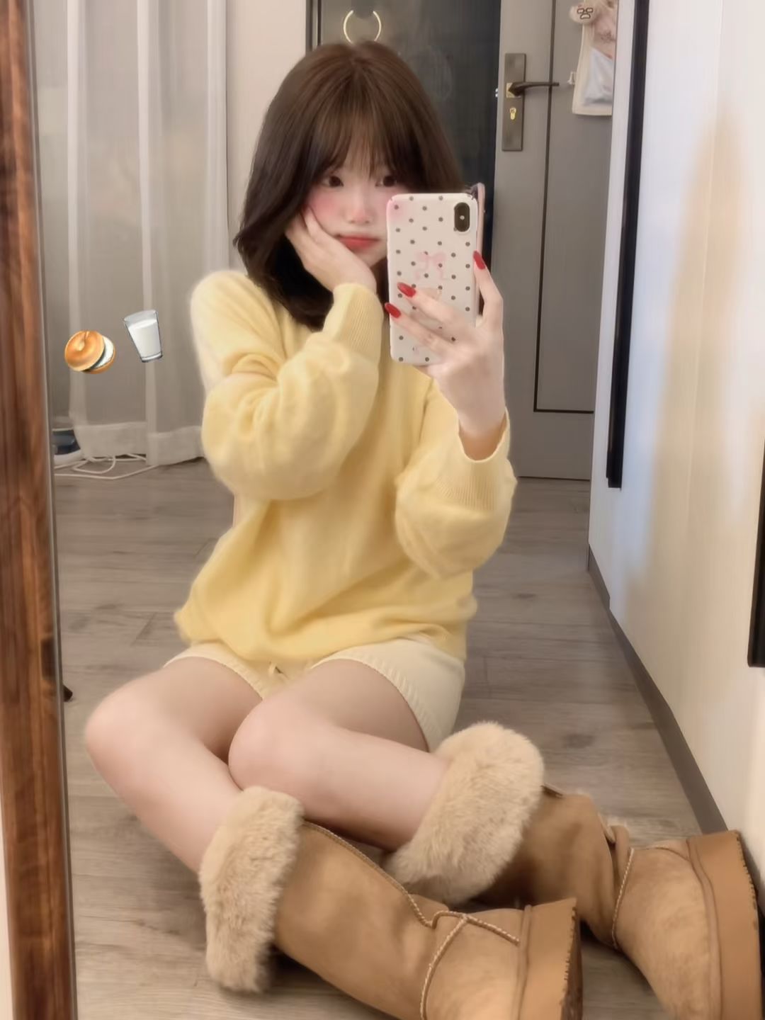 毛纺 圆形领 中长袖 基础袖 细针 花生酱 新麦色 金羊毛色  - VALI鞋履AI设计主图