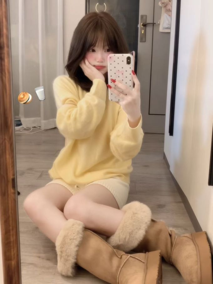 毛纺 圆形领 中长袖 基础袖 细针 花生酱 新麦色 金羊毛色 