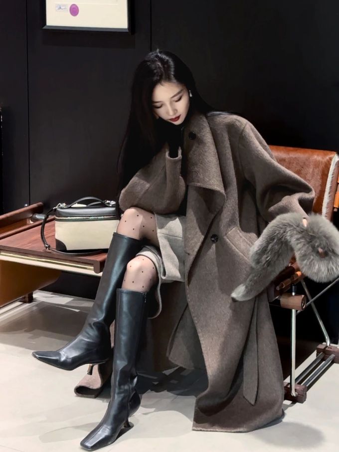 呢绒 翻驳领 中长袖 陨石色 棕灰色 有机灰 基础扣饰 