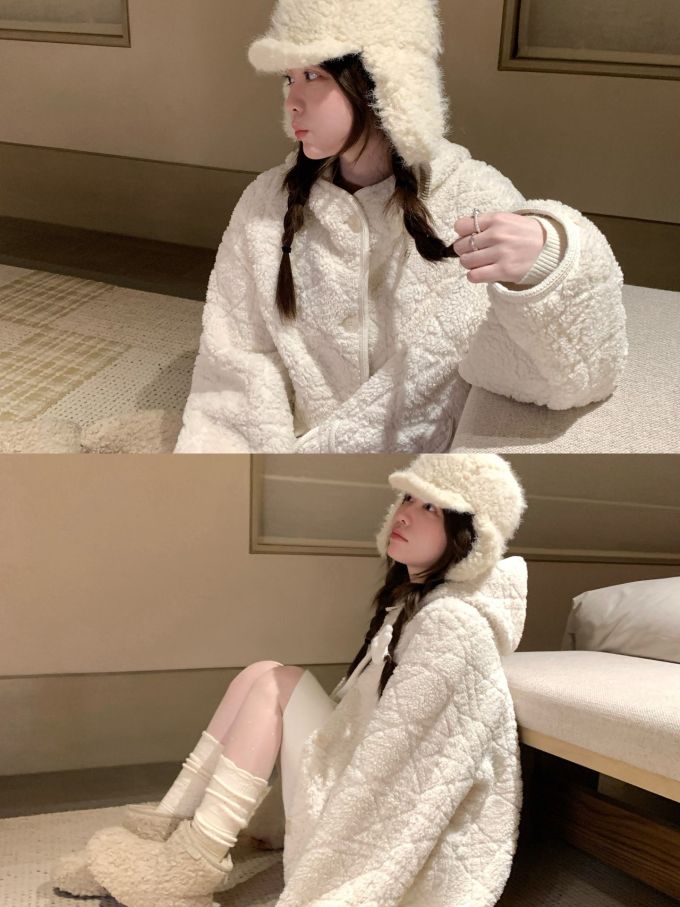 摇粒绒 H型 连帽领 中长袖 裘毛袖 边缘装饰 玉米饼 奶油 灯芯草雀 