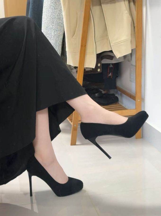 高跟 细跟 无底洞 棕灰色 低帮 一脚蹬 浅口鞋 皮革 