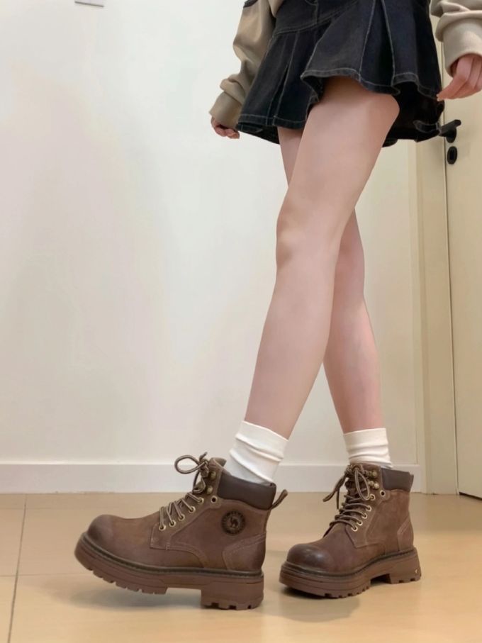 沃土 土褐色 可可色 圆头 系带 皮革 