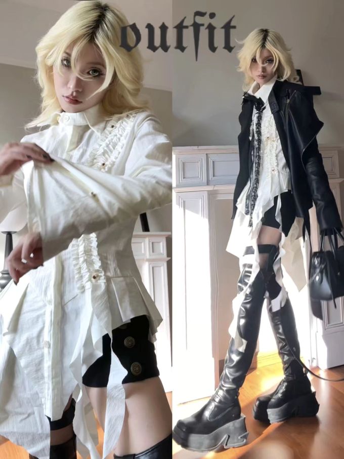 棉麻 X型 抽褶 幻蓝色 亮白 燕尾服 