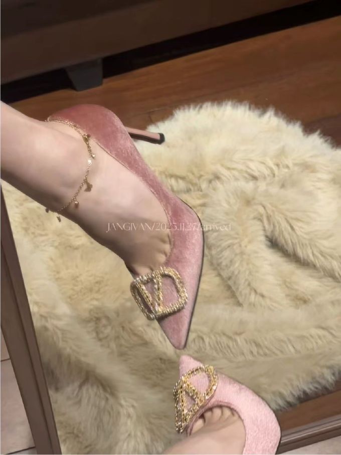 高跟 细跟 红褐粉 灰白红 深云粉色 尖头 低帮 一脚蹬 浅口鞋 