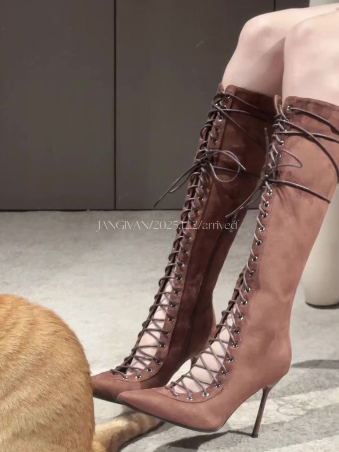 细跟 苦巧克力色 浅粉褐色 白兰地色 尖头 系带 皮革 