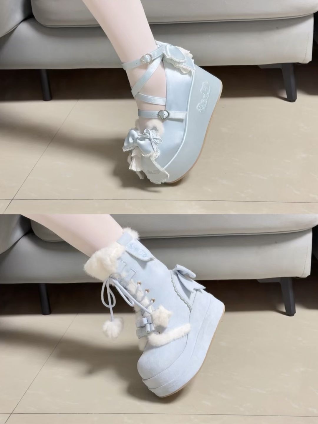 坡跟 古水 亮白色 灰色幻觉 圆头 皮革  - VALI鞋履AI设计主图