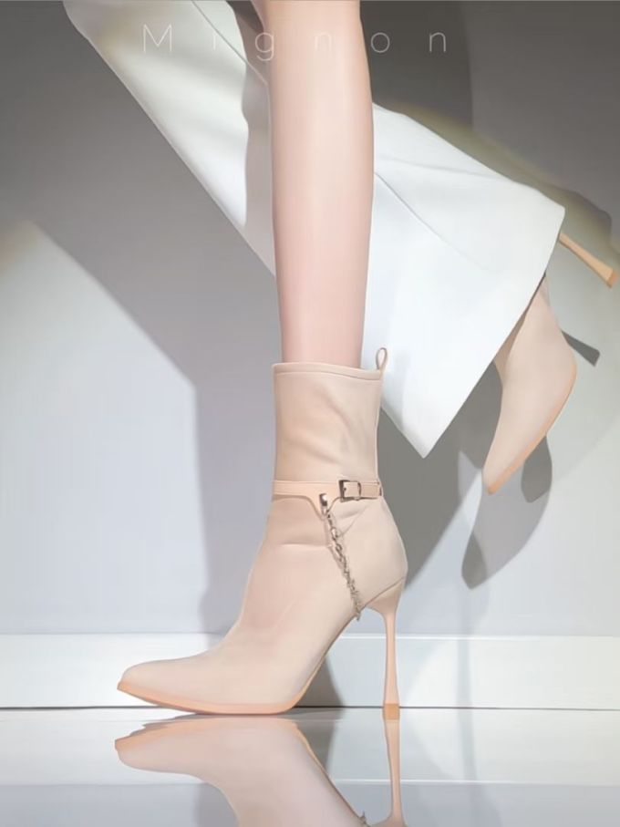 高跟 细跟 香槟粉 奶油褐 杏仁桃 皮革 