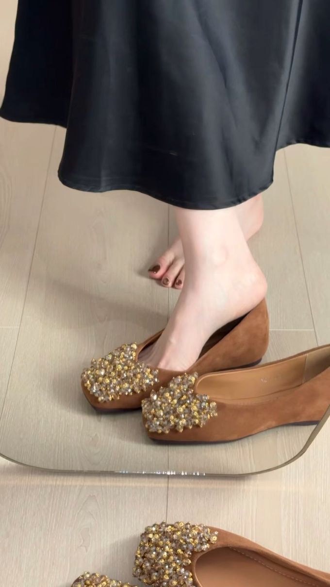 谷糠色 五子雀 烟棕色 方头 低帮 一脚蹬 浅口鞋 