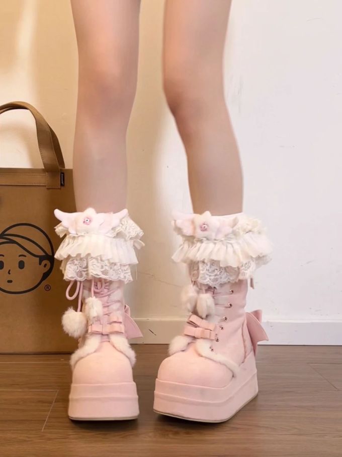 坡跟 玫瑰烟色 粉色绒面革 羽翼紫 方头 系带 皮革 