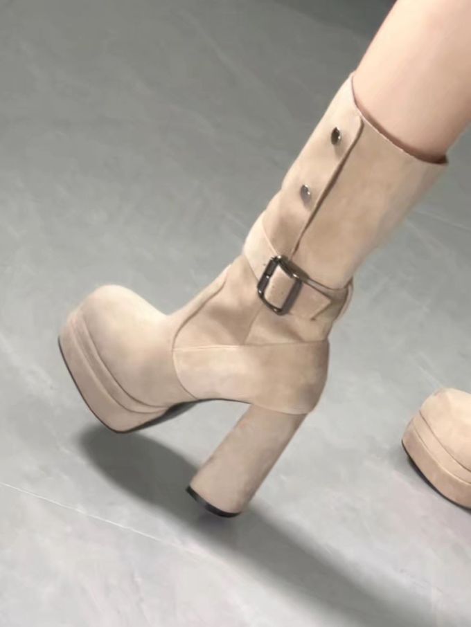 高跟 粗跟 河岩 自然色 朝阳色 袢扣 皮革 