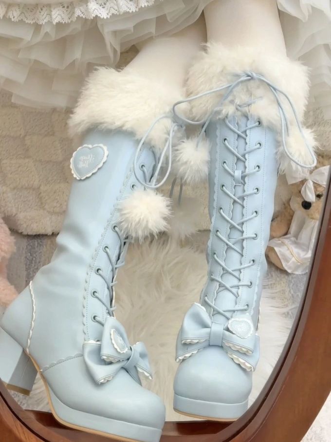 浅薄雾蓝 婉兰色 天灰色 圆头 系带 皮革 