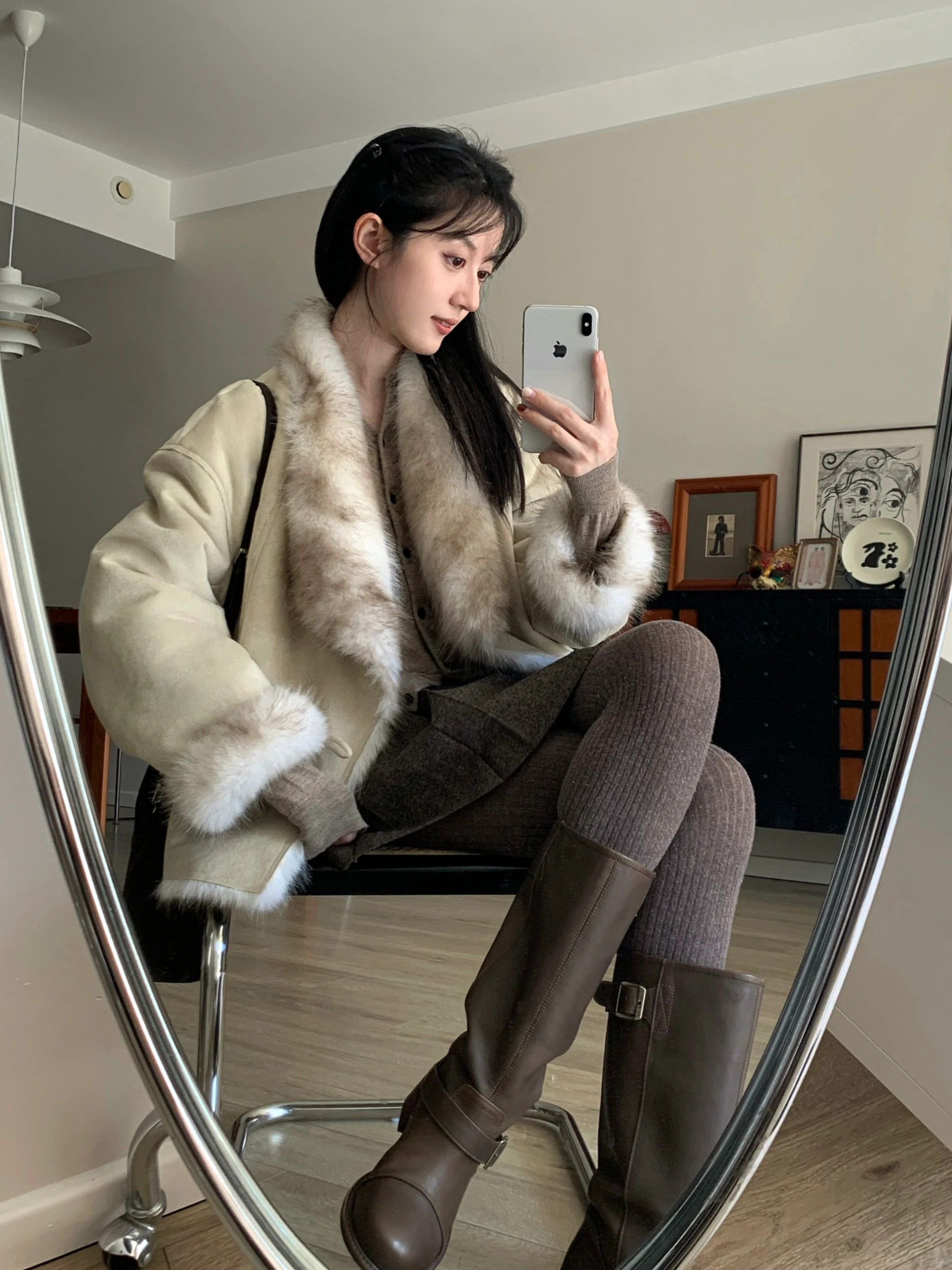 皮草面料 H型 裘毛袖 深洞 胡荽色 咖啡褐色 毛条 基础扣饰 基础拉链  - VALI鞋履AI设计主图