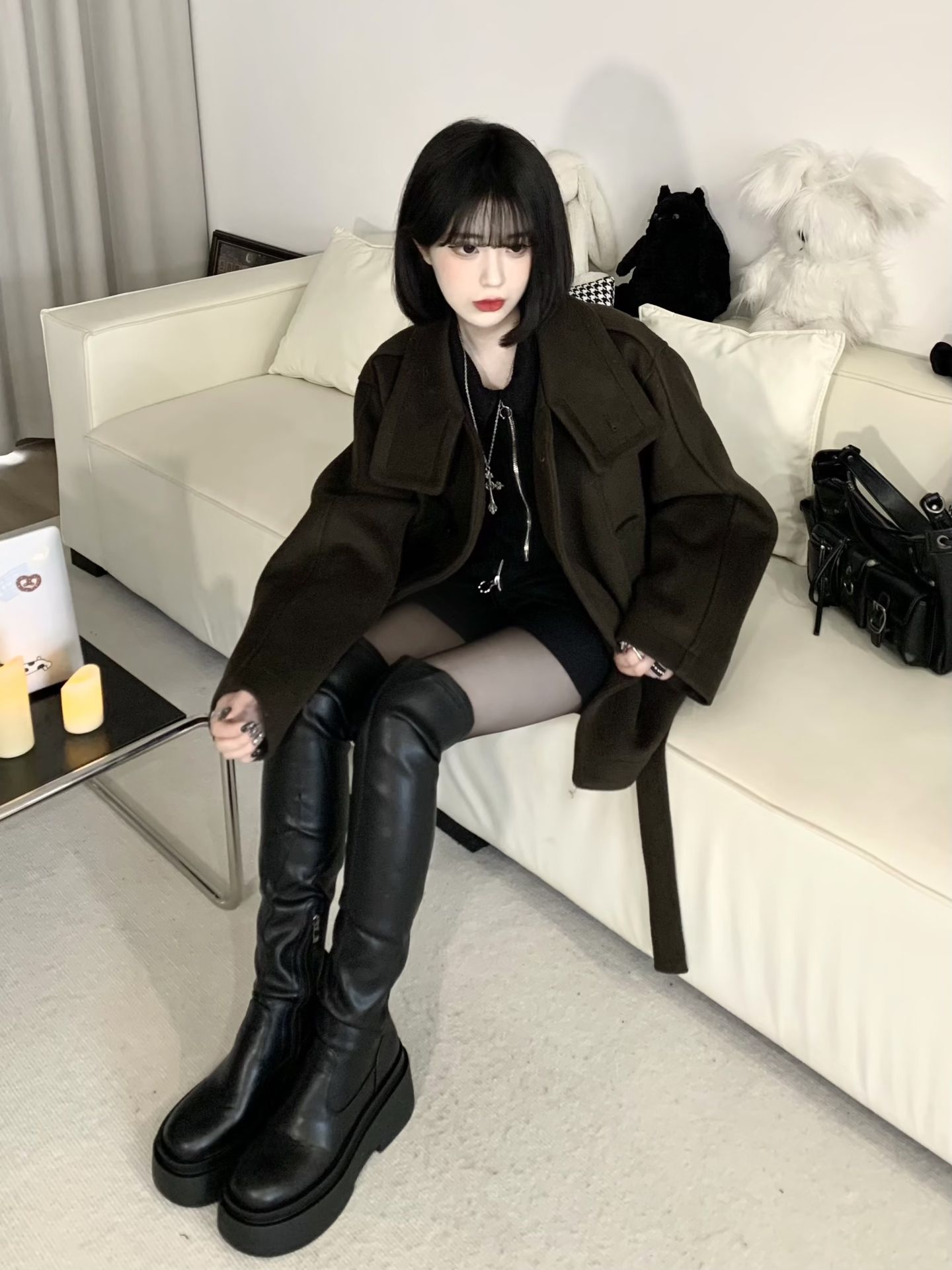 呢绒 基础袖 深洞 松香色 基础拉链 韩系休闲 休闲  - VALI鞋履AI设计主图