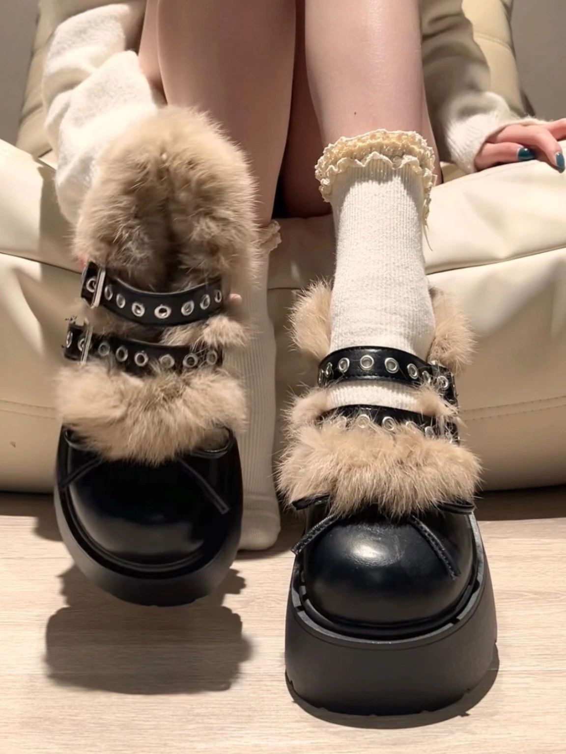 陨石色 咖啡褐色 可可奶油 圆头 绒毛/绒面  - VALI鞋履AI设计主图