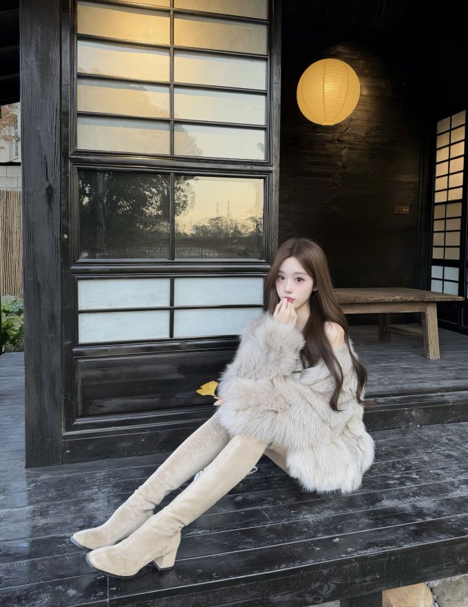 皮草面料 H型 翻领 中长袖 裘毛袖 南极洲 生丝 蒸汽蓝 