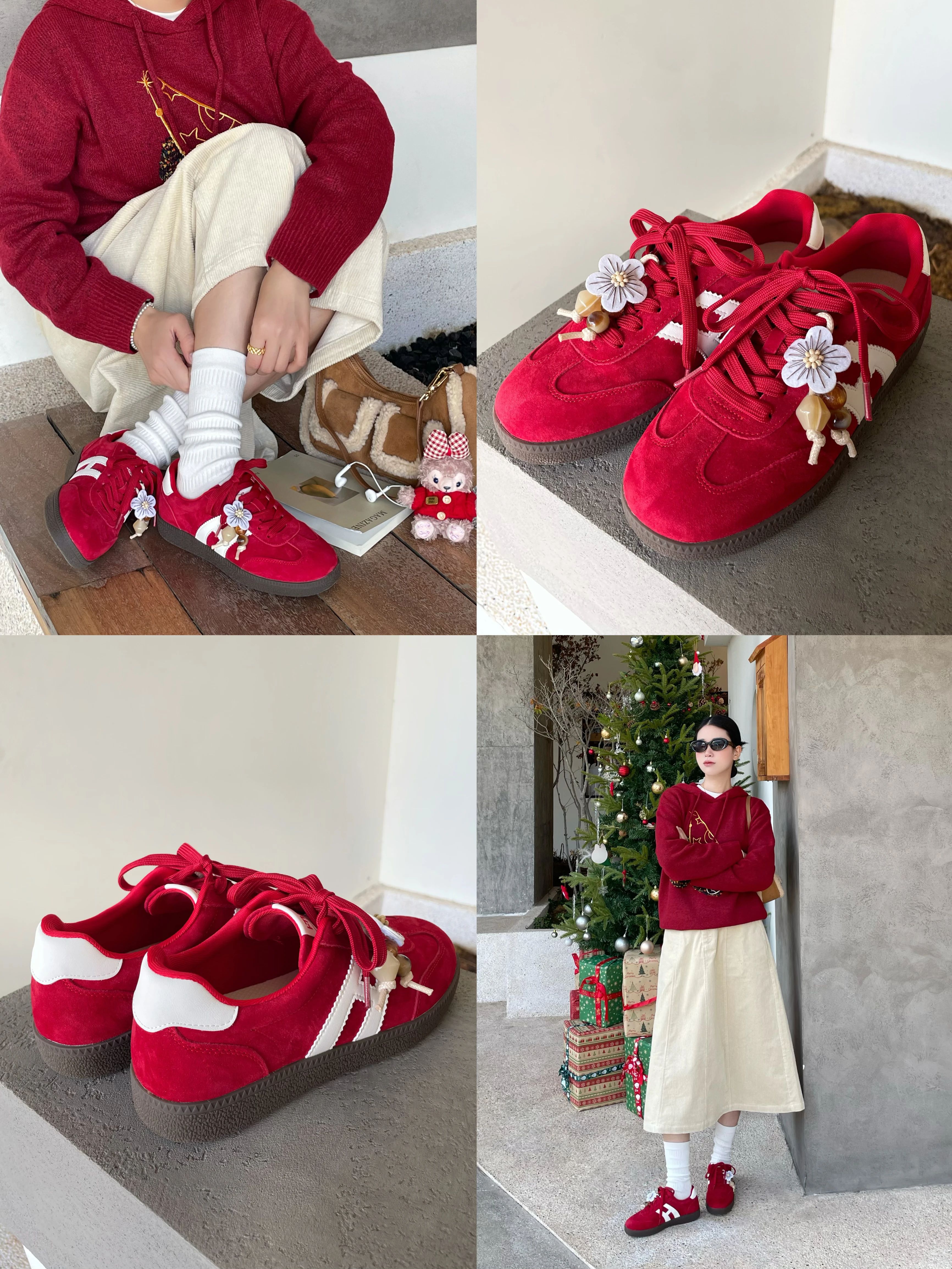 毛纺 连帽领 中长袖 基础袖 绣花 细针 大红色 精明红 冰淇淋色 基础绳带  - VALI鞋履AI设计主图