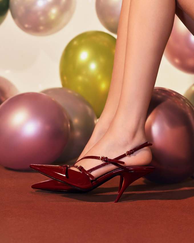 中跟 细跟 大丽花红 黑豆色 无帮 皮革 